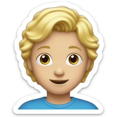 A child with blond hair and a blue T-shirt sticker