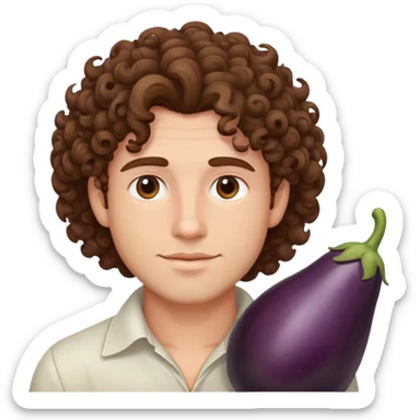 handsome man with curly brown hair and eggplant sticker