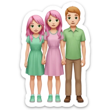 full-length happy couple, girl with long pink hair and green eyes in pastel dress, boy with light brown hair in casual shirt sticker