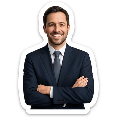 Make the businessman smile, keep the realistic style, and maintain a blank background. sticker