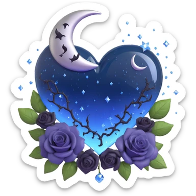 midnight blue glass heart with gothic style, decorated with a silver crescent moon, miniature black roses, glittering stardust, lightning bolt crack, rain droplets, cracked glass effect sticker