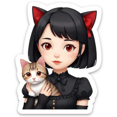 girl wearing black Lolita style dress, with medium-length black hair with red tips, and an American Shorthair tabby cat sticker