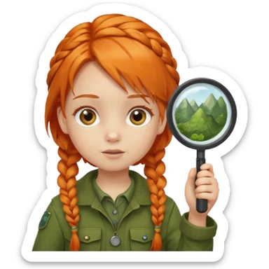 braid orange haired girl kid in moss green explorer outfit, holding magnifying glass sticker