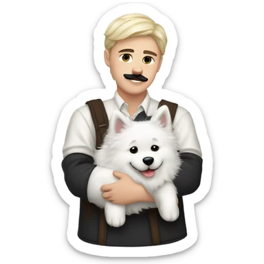 Slavic white boy with black hair and black mustache hugs Samoyed  sticker