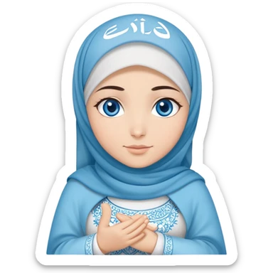 Turkish beautiful finish Konya girl blue eyes with cloudy hijab islamic dress and had on her hand text Eid Mubarak  sticker