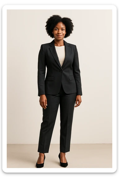 full body black woman in a smart suit and shoes, professional, confident, minimal background sticker