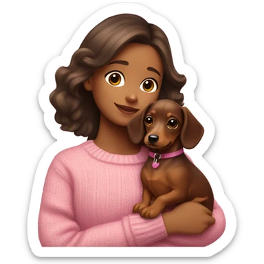Brunette girl with long hair in a pink sweater holds a dachshund puppy in her arms sticker