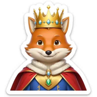 fox king portrait, head and shoulders only, elegant golden crown, noble cloak collar, clever confident smile, fantasy kingdom vibe, 3D cartoon, mobile game icon style, clean background, no text, no watermark
 sticker