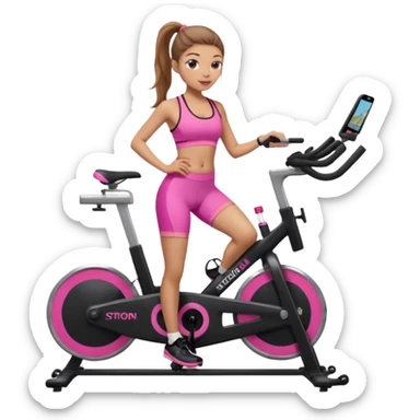 Light skin girl with long light brown hair in a pony tail, black workout set leaning on a indoor spin bike with NO HELMET, can we add a pink sports bra that says HOT GIRL CYCLE CLUB sticker