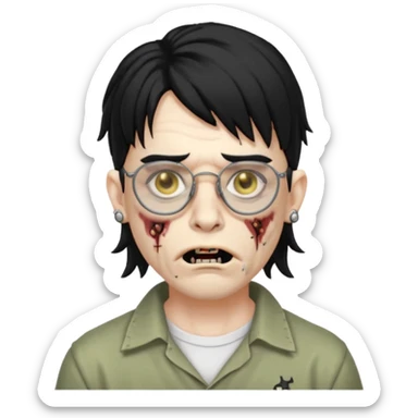 homem zumbi de óculos mullet piercing na boca piercing nas duas sobrancelhas duas orelhas giradas trágus esquerdo furado cabelo preto com muita olheira sticker