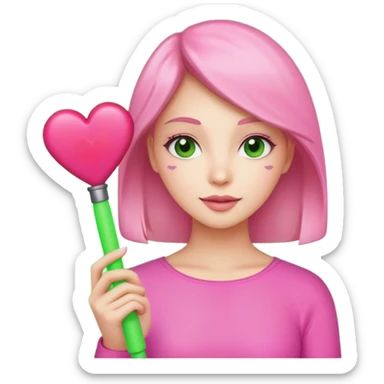 A lovely woman in pink with a square green light stick and with heart sticker