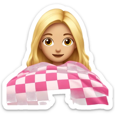 Blonde girl cozing up in pink checkered blanket sticker