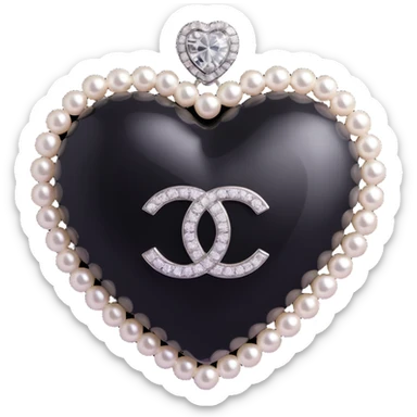 Add a diamond accent to the glossy black heart with pearls and silver Chanel logo, keep the background transparent, elegant, black and white color scheme, 3D emoji style. sticker