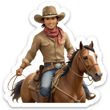 clash-of-clans-aesthetic_-cinematic-playful-cowboy-portrait-emoji, head-tilted with a roguish, cheeky grin and twinkling eyes, featuring a wide-brimmed cowboy hat and a weathered bandana on tan skin, riding a powerful galloping horse with dynamic flowing mane, reins gripped firmly in one hand and a lasso in the other, as dust swirls behind them in a vast desert landscape. sticker