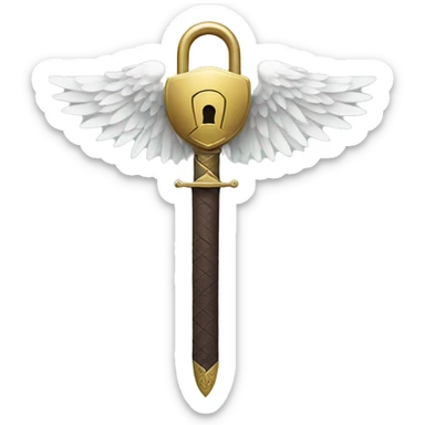 a lock with wings and arms holding a sword, the lock is holding a sword sticker