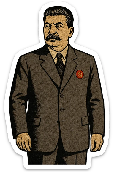A full body image of a political leader who looks like Joseph Stalin and  who is wearing a suite with a badge of the communist party on his jacket.  He will be looking serious sticker