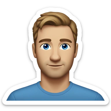 A head and shoulders shot of a 33 year old Caucasian man, with short brown hair,   with blue eyes wearing a t-shirt. sticker