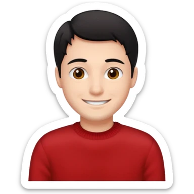 emoji of a smiling guy with a red sweater, brown eyes, and black hair sticker