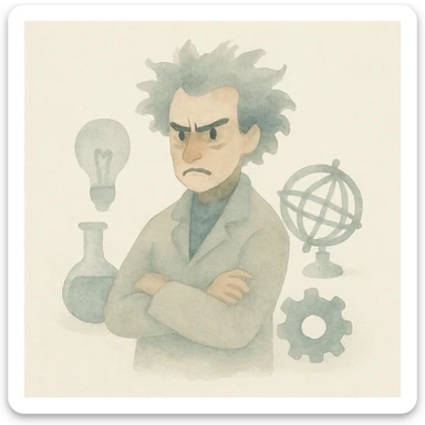mad genius with wild hair, dramatic lighting, surrounded by inventions, painterly style sticker