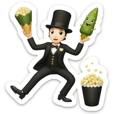 Popcorn cone traffic with legs dancing 3 legs 2 on the floor his 3rd arm is holding his 3rd leg and 1 pickle dipped in ranch on his black top hat sticker