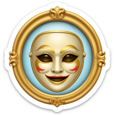 magic mirror on the wall of snow white. This is a round mirror with golden borders with a white theater mask inside  sticker