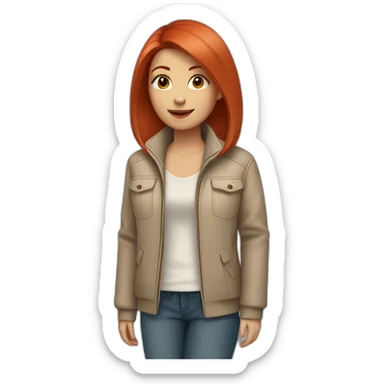 a girl with red straight hair of medium length, wearing a beige jacket and jeans sticker