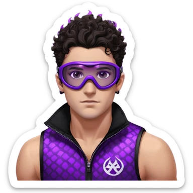 close-up of bad guy male athlete with white skin and moderately curly dark brown hair on top with shaved sides, wearing ski goggles with purple frames and very dark black lenses, a simple plain black chain necklace, and a completely unzipped sleeveless vest with purple and black sequin fire pattern design with no logo, with an extremely arrogant sneer on his face, looking menacing and villainous, exuding overconfidence and a threatening aura sticker