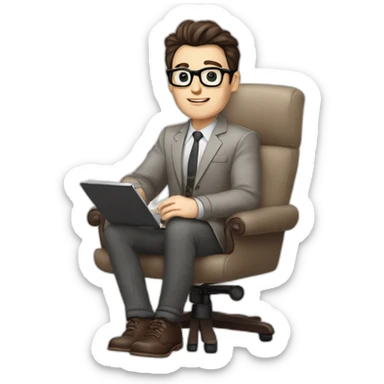 Pale skinned Fit Man With dark brown hair in gray jacket, beige office shirt and vintage glasses sitting In a soft chair with a notebook with emblem Ψ and a pen in his hands sticker