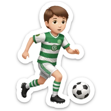 Celtic footballer jersey logo  6 years old brown hair white boy , brown eyes , stripes uniform , RUNNING  with soccer ball is number  17 celtic football logo  ONE CELTIC LOGO ONLY white shorts sticker