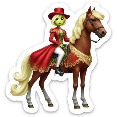 "galora green blonde alien woman" in red Victorian elegant dress, full body, rides "horse gold and white"
 sticker