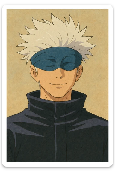 Satoru Gojo from Jujutsu Kaisen, spiky white hair, blue blindfold, gentle confident expression, soft painterly look, Ghibli style sticker