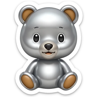 A cute teddy bear emoji made of liquid silver chrome, smooth rounded body, glossy metallic surface, soft reflections, friendly proportions, iOS emoji style, centered, clean white background sticker