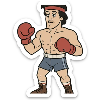 Cartoon version of Sylvester Stallone as Rocky, with boxing gloves, headband, athletic build sticker