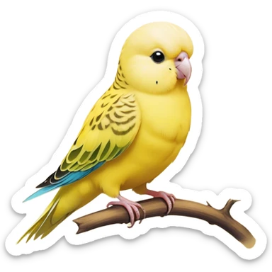 Cinematic Noble Yellow Budgie Portrait Emoji, Poised and regal, with a petite, delicate build and a smooth, well-groomed fur of brilliant yellow feathers, deep-set soulful dark eyes, Simplified yet sharp and sophisticated features, highly detailed, glowing with a soft, dignified glow, high shine, intelligent and charming, stylized with an air of elegance, focused and attentive, soft glowing outline, capturing the essence of a watchful and confident avian companion, so majestic it feels as though it could flutter out of the screen with effortless authority! sticker