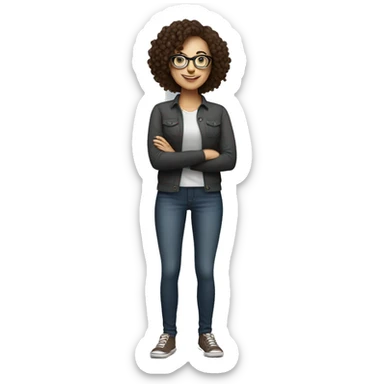 A white woman with glasses and little dark brown curly hairs full body representing something happily full body sticker