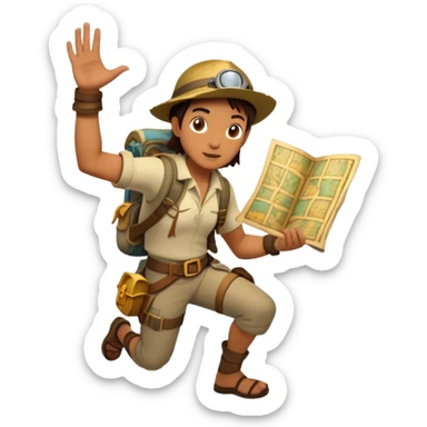 An icon featuring an adventurer in a dynamic action pose, with treasure maps, ancient ruins, and jungle landscapes in the background. The design includes clues, hidden passages, and climbing gear, symbolizing the thrill of exploration and discovery. Transparent background. sticker