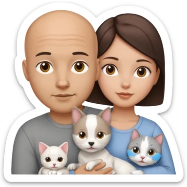 Bald guy with brunette girl and white puppy and Grey cat sticker