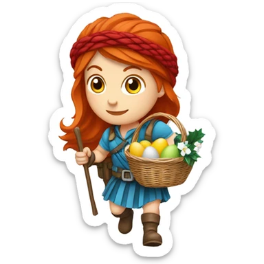 red hair female winter mountaineer climbing with Easter eggsbasket and Greek flag sticker