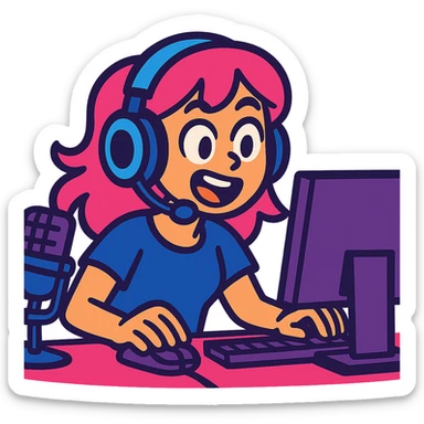 cute girl with pink hair, focused on a computer screen, streaming and gaming, vibrant and expressive sticker