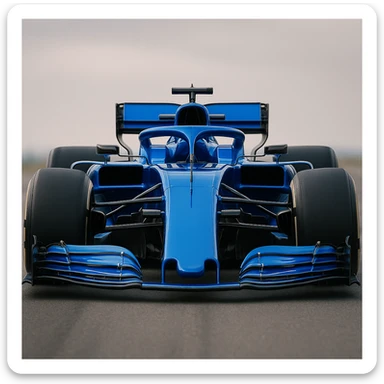 blue F1 racing car, front view, shiny details sticker