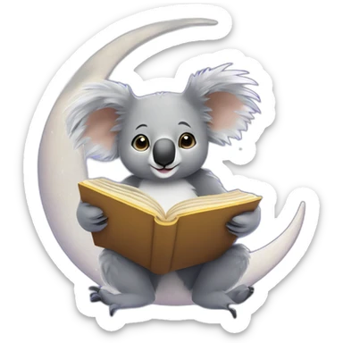 A koala perched on a crescent moon, reading a book with constellations glowing on the pages. sticker