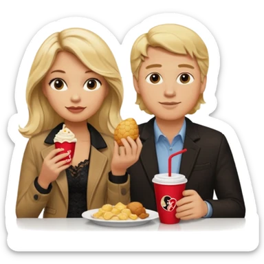 Love tan woman long wavy blonde hair and black lace  with short blonde man Brown shade jacket eating chick filet  sticker