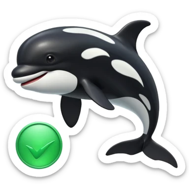 3d Cartoon orca with a green tick icon next to it sticker