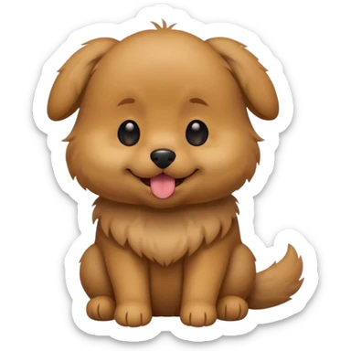 Cute small brown fluffy dog emoji icon. Round face, short muzzle, light brown fur with slightly darker ears, small black nose, happy smiling expression with tongue out. Soft friendly eyes, sitting pose with front paws together. Simple clean vector style, minimal details, kawaii style. sticker