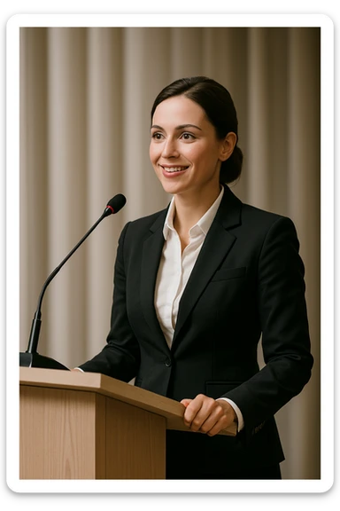 a female speaker at an event standing at a podium, professional, clear view of the podium and microphone, confident posture, business attire sticker