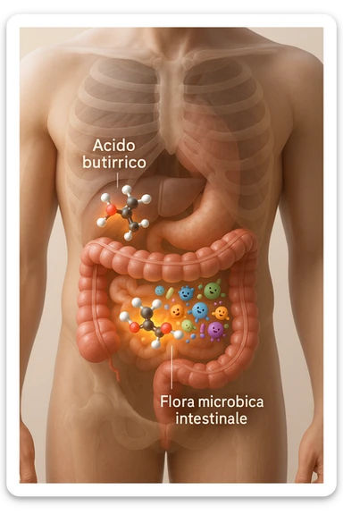 Realistic, vertical 3D medical illustration showing a semi-transparent human torso with a detailed view of the digestive tract, focusing on the large intestine. Inside the colon, glowing 3D molecules of butyric acid (acido butirrico) are visible, depicted as ball-and-stick models (carbon: black/gray, hydrogen: white, oxygen: red). Around the molecules, clusters of diverse, friendly-looking gut bacteria are shown, interacting positively with the butyric acid. The intestinal wall appears healthy and vibrant, with subtle highlights indicating improved gut health. The background is clean and softly lit, with clear educational labels such as “Acido Butirrico” and “Flora microbica intestinale.” The overall mood is scientific, modern, and supportive of gut wellness. sticker