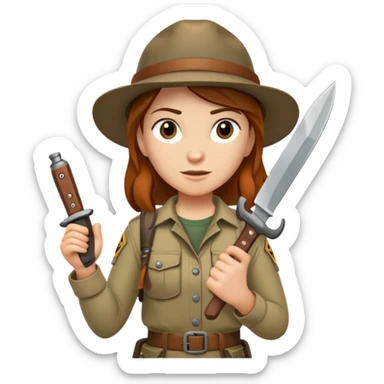 Female wilderness explorer Melissa Backwoods holding a survival knife sticker