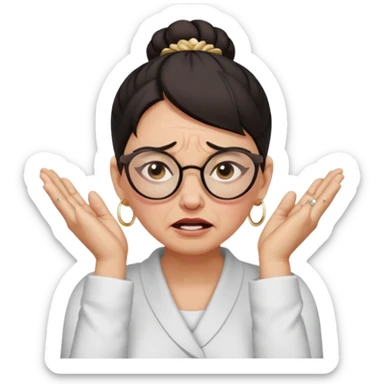  middle aged woman with dark hair pulled up in a high bun, wearing round ring earrings and glasses, expression extreme pain on her face, covering her ears with her hands very painful expression on her face, eyes squeezed shut, wincing in pain covering her ears with her hands sticker