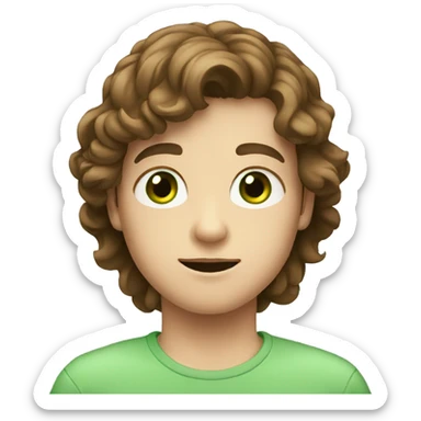 A white european boy with brown hair and green eyes explaining something sticker