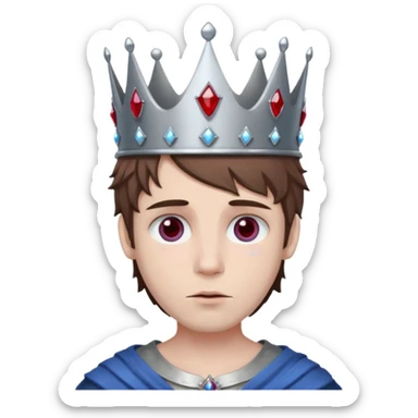 grey boy head with right eye blue and left eye red. he has messy brown hair and a silver crown with rubies on it sticker